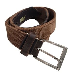 New Man France Brown Woven Elastic Stretch Belt Leather Trim Mens Size 42 105cm‎